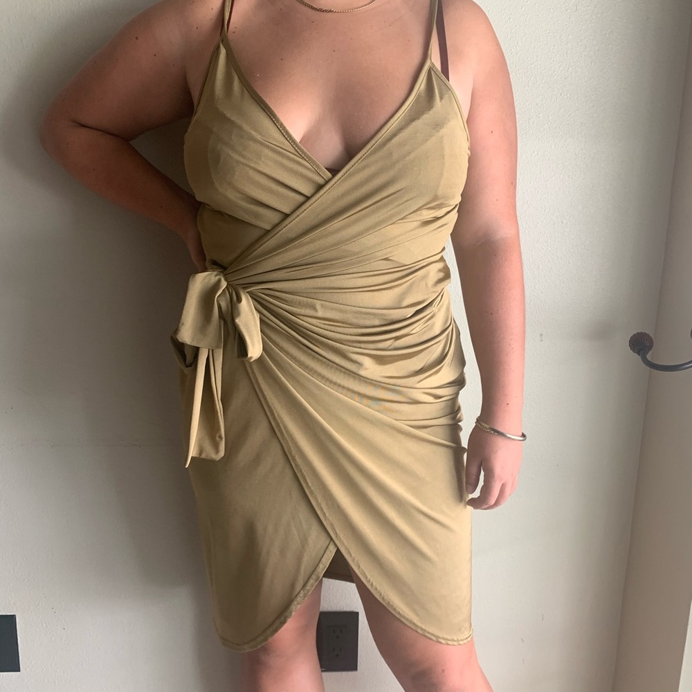 Olive Green Silky Tie Dress (16) PLUS